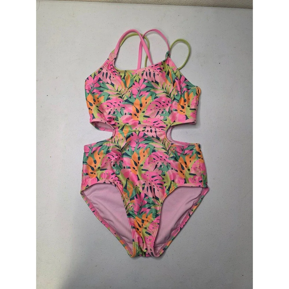 Art Class Girls Tropical Cut-Out One Piece Swimsuit Pink Green L 10/12
